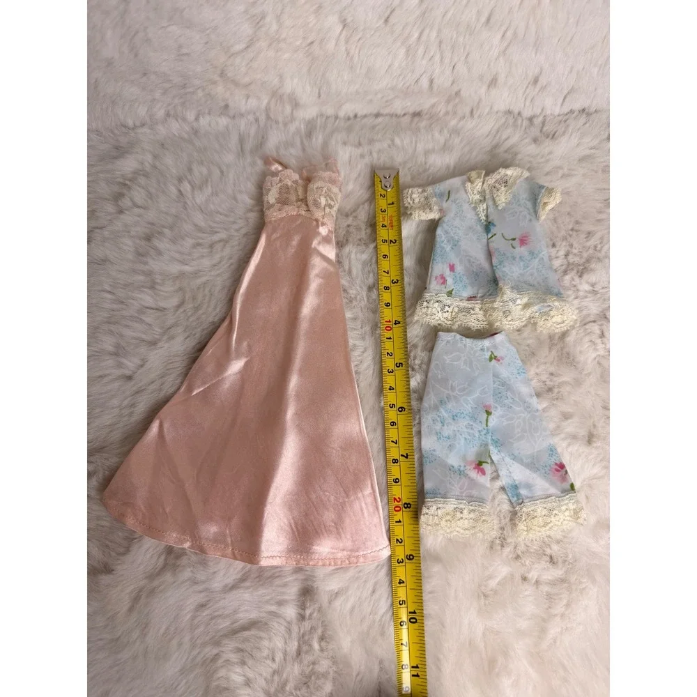 Vintage 1960s Doll Clothes Pink Satin Nightgown Floral Pajama Set Barbie Size